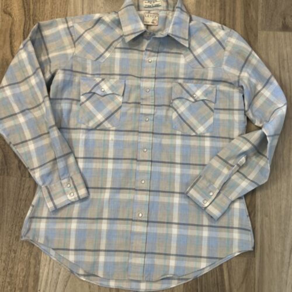 Vintage Levis Men Western Tan Blue Plaid Long Sleeve Pearl Snap Large Has Stain